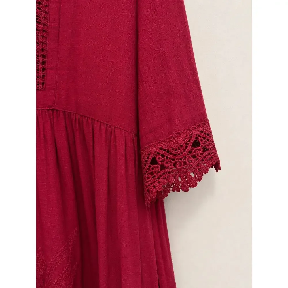Sundance Red Embroidered Boho Dress Crochet Lace 3/4 Sleeve S Hippie Prairie